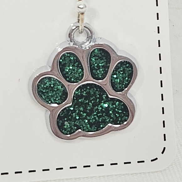 Glitter Paw Print Dangle Earrings in Silver / Green - Picture 2 of 3
